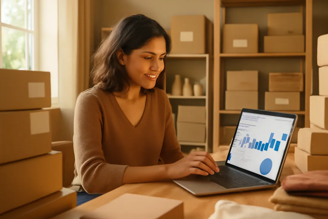 An e-commerce brand owner reviewing the numbers